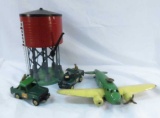 Vintage metal toy water tower, airplane and 2 cars