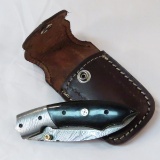 Custom Pocket Knife w/brass inlay & leather sheath