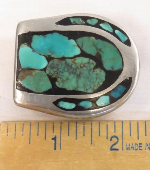 Vintage silver & inlay turquoise belt buckle 64.5g