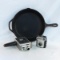 Vintage Lodge cast iron pan & 2 cameras