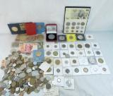 Mixed foreign coins, currency, tokens, US pennies