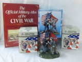Civil War Book, statue, 2 Norman Rockwell Steins