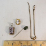 Antique scarab stick pin, locket, cameo & chain