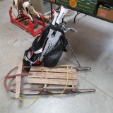 New set of kid's golf clubs & vintage wooden sled