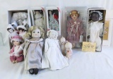 Vintage porcelain doll & paper doll grouping