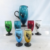 Vintage colored glass pitcher and 6 glass set
