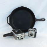 Vintage Lodge cast iron pan & 2 cameras