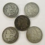 5 Morgan Silver Dollars 1878s, 83, 90o, 91o, 1900o