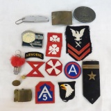 US Military insignia, belt buckles, pocket knife