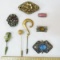 5 Antique brooches & 3 screw bottom stick pins