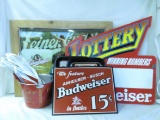 Budweiser signs, trays, bucket, banner