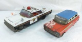 Vintage tin police car and Ranch Wagon