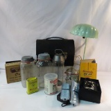 Vintage lunch box, canning jars, malt maker