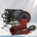 Silver Plate tea set with tray, flatware, & more