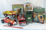 Lunch boxes, mailbox bank, Vroom whip racer, etc