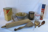 Vintage kitchen items, stoneware, bowls, tin