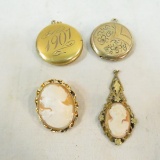 2 Gold filled lockets, cameo brooch & pendant