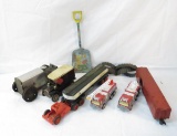 Vintage toys, trains, tin car, crawler, etc..