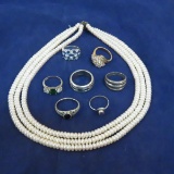 7 sterling rings & triple strand pearl necklace