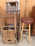 3 ladders, 2 vintage folding chairs, stool & tool