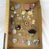 Vintage floral brooches-porcelain, silk, wood,