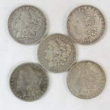 5 Morgan Silver Dollars 1878, 82O, 83, 84O, 87O