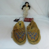 Native American moccasins, doll & amethyst stone