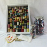 Framed Vintage thread collection & 2 jars buttons