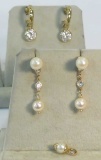 14k Gold earrings with pearl & CZ dangles 9.47gtw