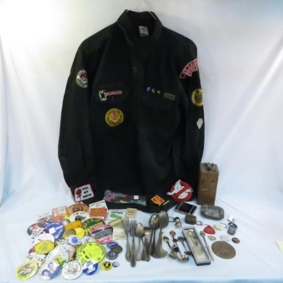 Boys Scout shirt & awards, spoons, smalls