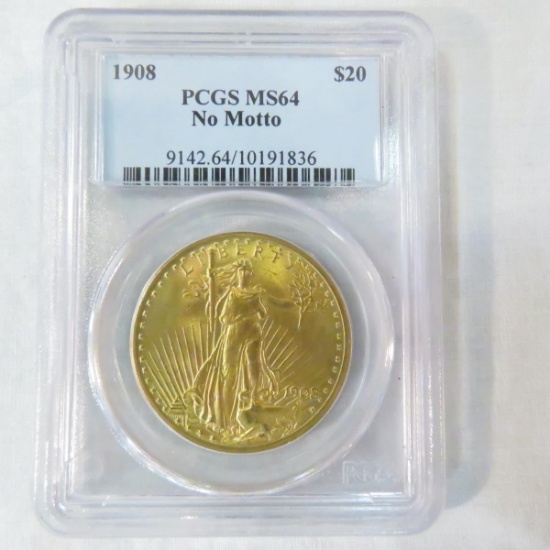 1908 $20 Gold Double Eagle No Motto PCGS MS64