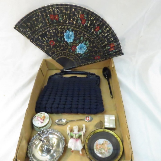 Vintage purse, antique hatpin, fan, and more
