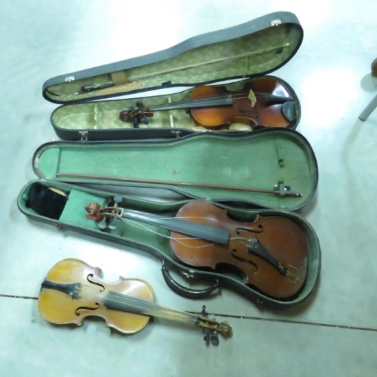 2 Vintage Violins with cases & smaller violin