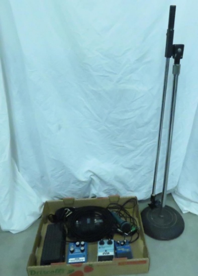 Vintage effects pedals and microphone with stand