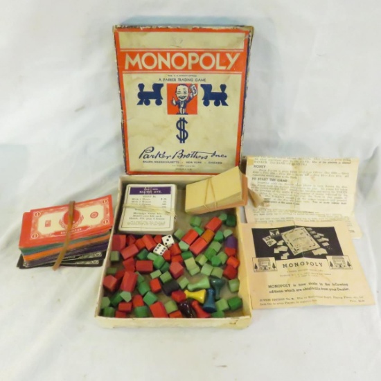 1936 Monopoly Game, wood pieces, cards, money