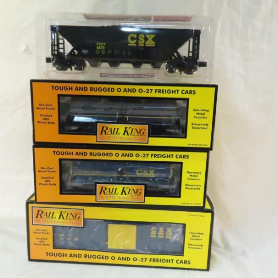 4 CSX train cars - 3 Rail King with boxes