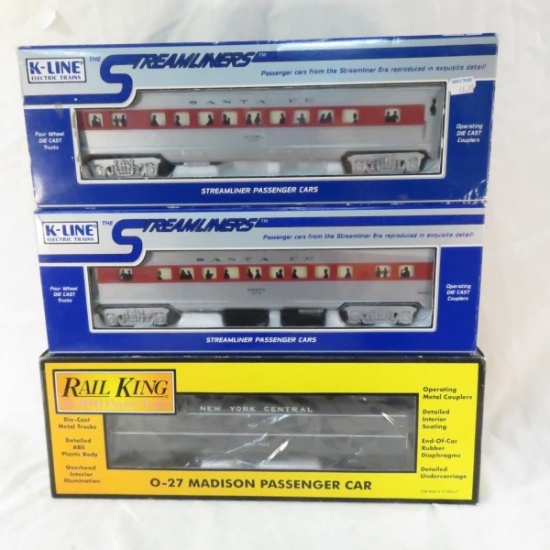 3 K-Line and Rail King passenger cars NIB