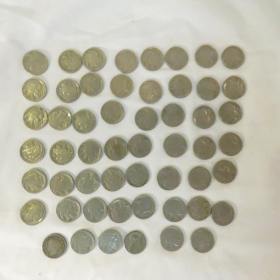 52 Buffalo Nickels, 1 V nickel, 1 Steel Cent