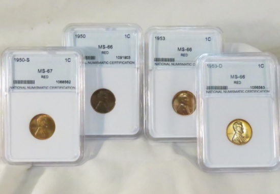 4 NNC Graded Lincoln Wheat Cents MS66 & MS67