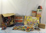 Vintage toys, wooden blocks, clown spinner toy