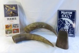 Cowbell, horns, plane model & Morton Salt Sign