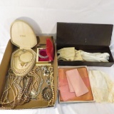 Vintage jewelry, gloves and scarf