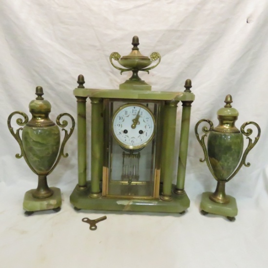 French Green Onyx 3 piece clock set