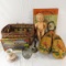 Baskets, wooden shoes, doll, vintage buttons