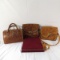 3 tooled leather purses and vintage lace