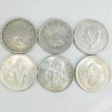 6 Mexican silver coins 1, 100, 5 and 10 peso coins