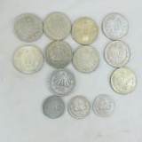13 Mexican silver coins 10 1 peso & 3 50 centavos