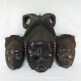 3 hand carved wood tribal masks