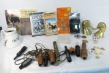 Assorted game calls, books & guides, bookends