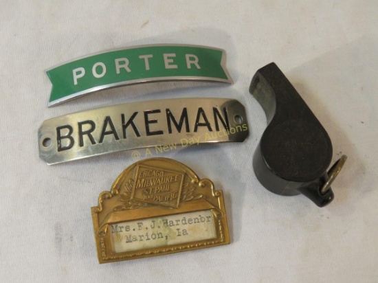 Porter & brakeman hat badges, whistle